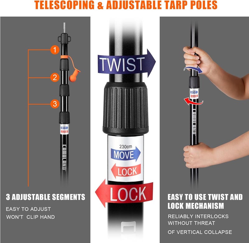 CAMOLAND Tarp Poles, Set of 2, 31.1" - 90.6” Aluminum Tent Poles for Tarp Adjustable, Lightweight Portable Telescoping for Camping, Hiking, Hammock Awning/Outdoor Activities-4 Section - Image 3